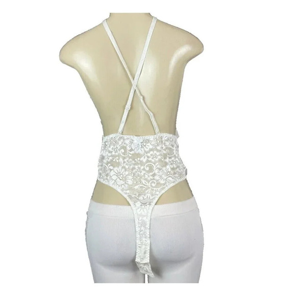 Wishlist L Eggshell Sheer Lace Mesh Plunge Neckline Adjustable Halter Bodysuit - Picture 3 of 5